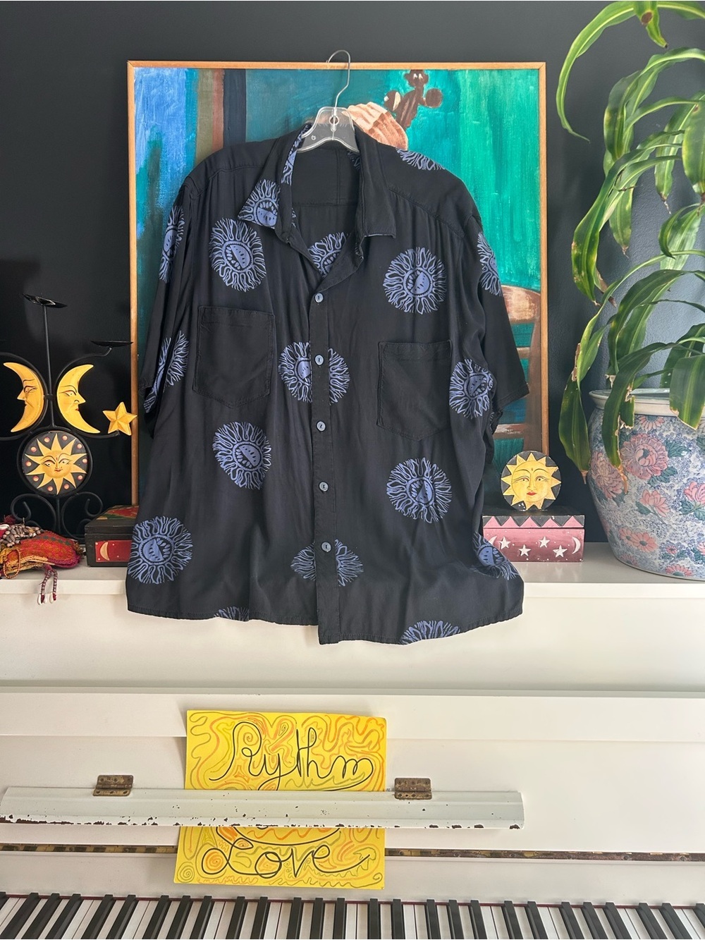 One Size Oversized Celestial Sun Print Button Up Shirt Y2K Whimsigoth Boho